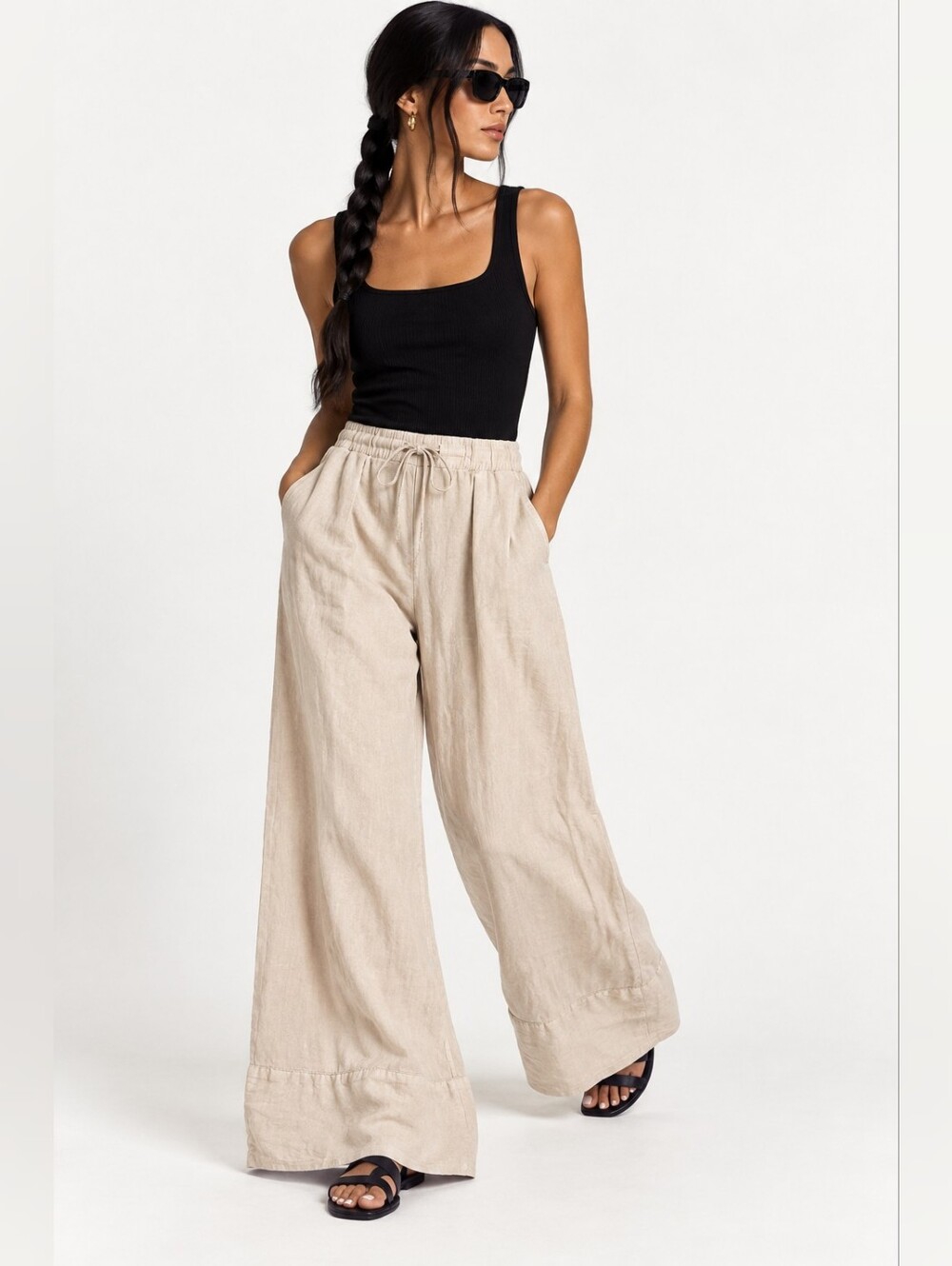 Zara 100% Linen Wide Leg Drawstring Pants Beige Size S